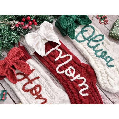 Cute Bow Personalized Christmas Stocking,Hand-Embroidered Holiday Stocking,Stocking Stuffer with Custom Name,Family Christmas Stockings