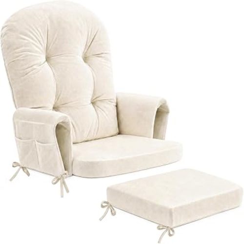 Glider Rocker Replacement Cushion Set, Rocking Chair Cushions with Back Support, Soft Vinyl Fabric, Non-Slip, Armrest Storage Pockets, Seat & Back Pads for Nursery Living Room