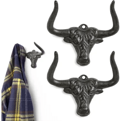 Cast Iron Hooks Wall Mount 2 Pack Outdoor Western Decorative Wall Hooks Heavy Duty Towel Hooks for Bathroom Entryway Closet Cow Bull Animal Hooks Wall Decor, Antique Rust