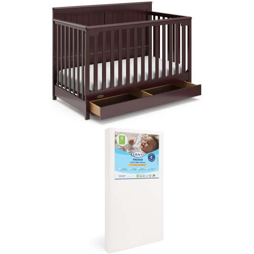 Graco Hadley 5-in-1 Convertible Crib with Drawer and Premium Crib & Toddler Mattress Bundle, Espresso