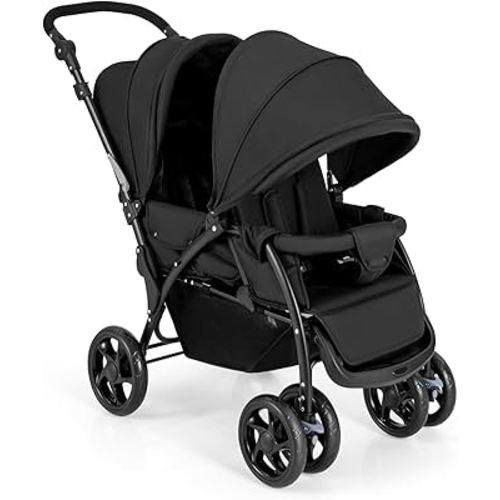 HONEY JOY Double Stroller, Foldable Lightweight Infant Twin Stroller with Tandem Seating, 5-Point Harness, Recline Seat, Storage Basket, Compact Baby Double Stroller Newborn and Toddler (Black)