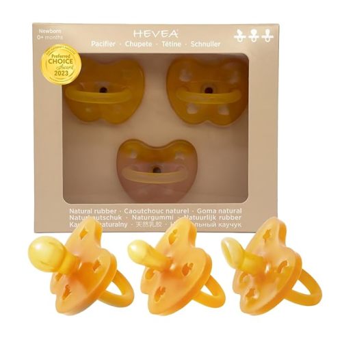 HEVEA Trial Trio-Pack Baby Pacifiers in Natural Rubber - Pacifier Sampler Pack with Three Teat Mix for Newborns 0+ Months, (Natural)