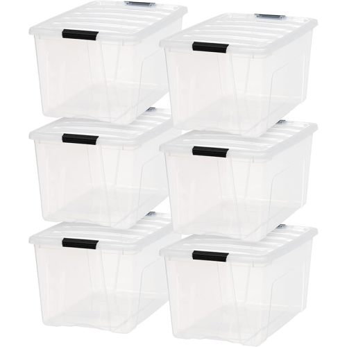 IRIS USA 72 Qt Stackable Plastic Storage Bins with Lids, 6 Pack - BPA-Free, Made in USA - See-Through Organizing Solution, Latches, Durable Nestable Containers, Secure Pull Handle - Clear