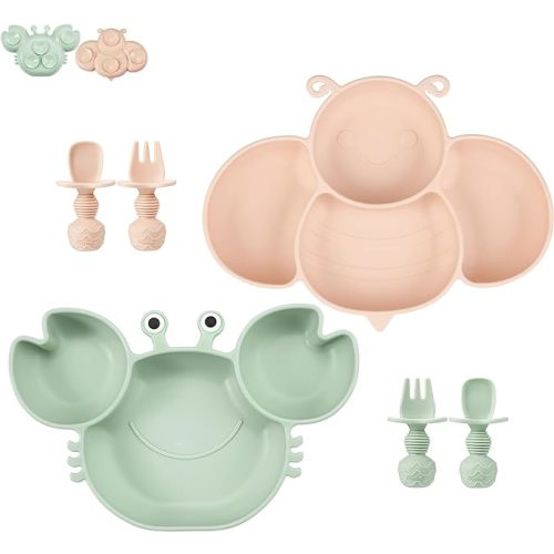 PandaEar 2 Pack Silicone Suction Plates for Toddlers Baby with 4 Spoons Self Feeding, Divided Unbreakable Toddler Plates with Suction, Baby Plates and Utensils Set, Baby Dishes, Green Crab & Pink Bee