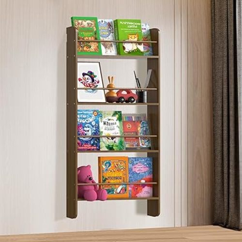 Solid Wood Montessori Wall-Mounted Kids Bookshelf - 4-Tier Book Display for Nursery, Bedroom, and Living Space - Natural Pine Wood (Dark Walnut)