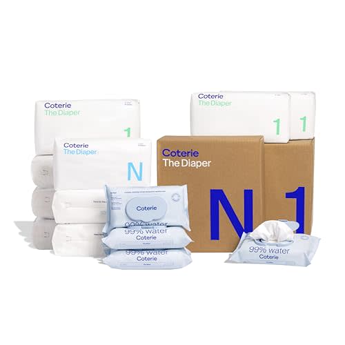 Coterie Baby Diapers + Wipes Baby Kit, Size 1 (198 Count) Size Newborn (93 Count) 4 Wipe Packs (224 Wipes) Made with Plant-Based Fibers, Hypoallergenic, Designed for Sensitive Skin, Clean Ingredients