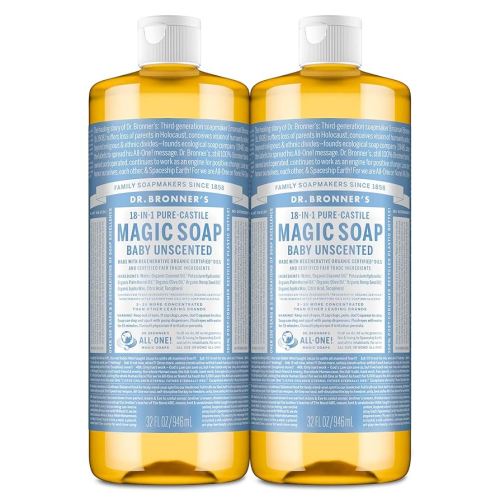 Dr. Bronner's Magic Soap-Pure-Castile Liquid Soap (Baby Unscented, 32 ounce, 2-Pack)-Regenerative Organic Certified Oils, 18-in-1 Uses: Body, Laundry & Dishes, For Sensitive Skin, No Fragrance