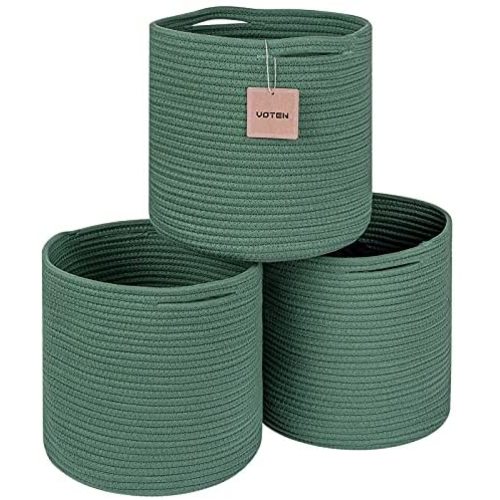 voten Storage Cubes Baskets Bins Organizer 11x11x11'' Fit 12x12''Cube Storage Organizer Bookcases Shelf,Durable Woven Cotton Storage Basket for Organizing,Round 3Pack Full Green