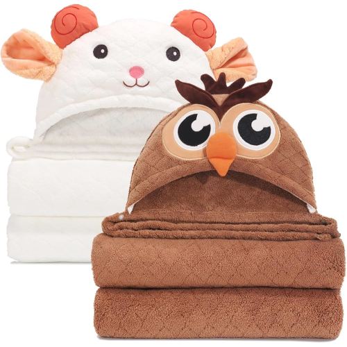 Kids Bath Towels for Boy Girl 0-5 Years, 2-Pack Soft & Absorbent Hooded Towel for Baby with Large Size50 x32, Luxuriously Thick and Plush Coral Fleece with Buttons White Sheep & Brown Owl