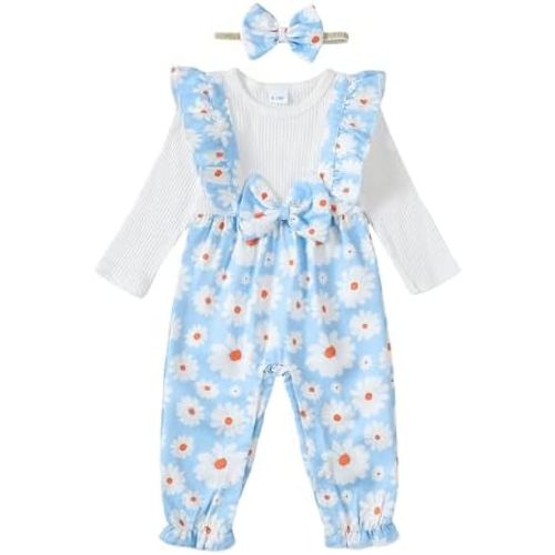 Newborn Baby Girls One Piece Romper Jumpsuit Cute Floral Print Ruffle Sleeve Fall Winter Outfits
