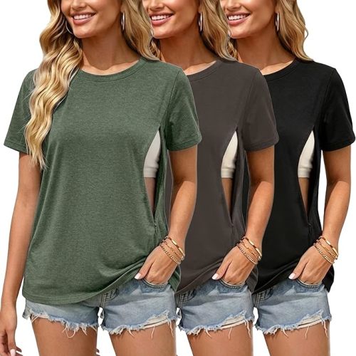 Ecavus 3 Pack Nursing Shirts for Breastfeeding, Hidden Zippers Nursing Tops | Crew Neck,Short Sleeve,Cotton Breastfeeding Shirts,Postpartum Clothes for Women,Side Zipper,Discreet Nursing,Comfort,Soft