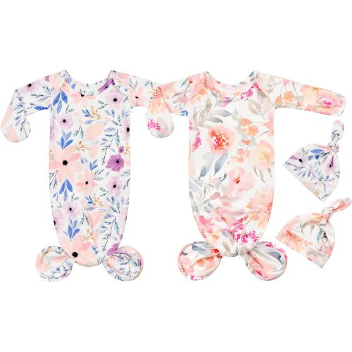 Newborn Baby Knotted Gown Sleeper Gown with Mittens Long Sleeve Nightgown Baby Coming Home Outfit with Hat 2 Pieces