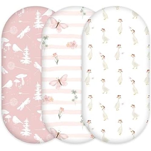3-Pack Organic Bassinet Sheets for Girls Stretch, Soft Cozy Fitted Bassinet Mattress Sheet (32" x 16") Universal Fit for Hourglass, Oval, & Rectangle Mattresses Pink Butterfly