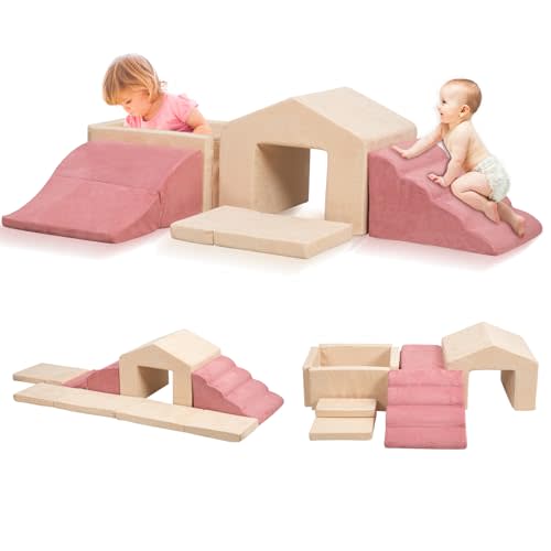 Foam Climbing Toys for Toddlers, 6PCS Climb and Crawl Activity Playset, 5 in 1 Soft Crawling Climbing Blocks Indoor, Toddler Play Climbing and Ball Pit with Slide Stairs and Ramp
