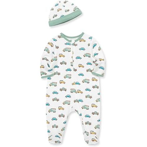 Little Me Baby Boy Clothes 2-Piece Baby Sleeper and Cap Set, 100% Cotton Footies Baby Essentials, Preemie to 9 Months