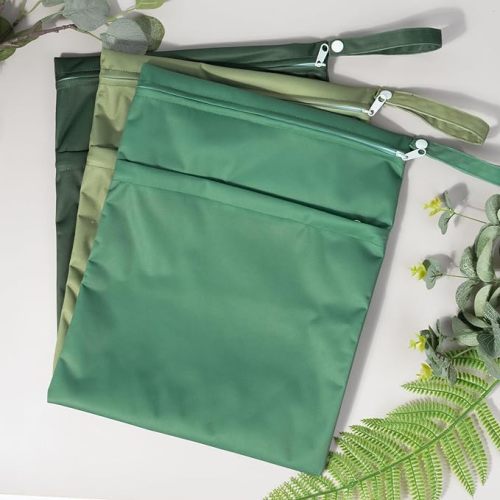 ALVABABY 3pcs Baby Cloth Diaper Wet/Dry Bags|Waterproof Reusable with Two Pockets|Travel, Beach, Pool, Daycare, Soiled Baby Items,Yoga,Gym Bag for Swimsuits or Wet Clothes 3L-ZM09 - Green theme