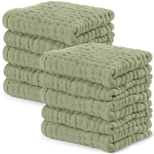 Comfy Cubs Muslin Baby Washcloths 10 Pack - Soft 6-Layer Cotton Wash Cloths for Sensitive Skin - 10"x10" Large, Gentle, Absorbent Infant Essentials for Newborn and Toddlers - Sage