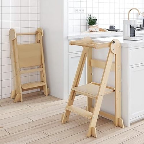 Foldable Toddler Standing Tower, Height Adjustable Kitchen Tower with Safety Rails and Anti-Slip Device, Wooden Kids Kitchen Stool Helper for Ages 18 Months to 6 Years - Natural