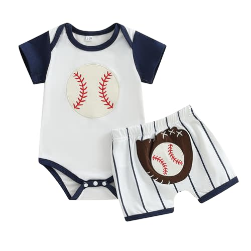 Kavousa Baby Boy Baseball Outfit Baseball Embroidery Baby Bubble Romper Short Sleeve Jumpsuit Shorts Summer Outfits 2pc Set