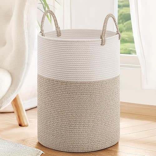 INDRESSME Large Laundry Hamper, Baby Laundry Hamper for Toys, Tall Woven Laundry Basket for Clothes, Blanket Storage Basket for Living Room, 19.7 x 13.8 inches, Light & Brown