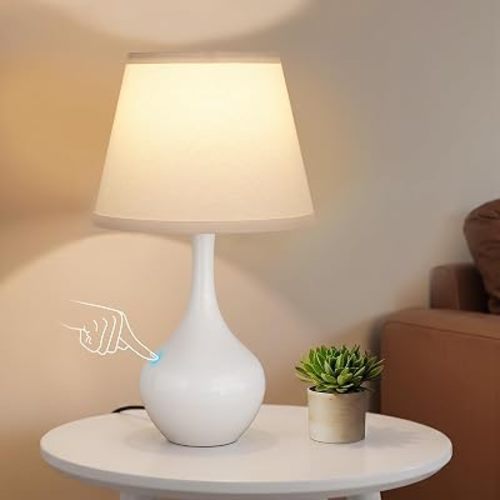 Seealle Touch Table Lamps for Bedroom Set of 2,3-Way Dimmable Small Bedside Lamps for Night Stands with Wires, White Desk Lamps for Kids Room,Office,Living Room, End Table(LED Bulbs Included)