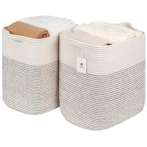 Laughbird Storage Baskets for Clothes Fabric Cotton Rope Storage Basket bins with Handles, Decorative Woven Basket for Living Room,Closet Organizer Blankets Tall 2 bags White/Black Line, L14×W11×H14