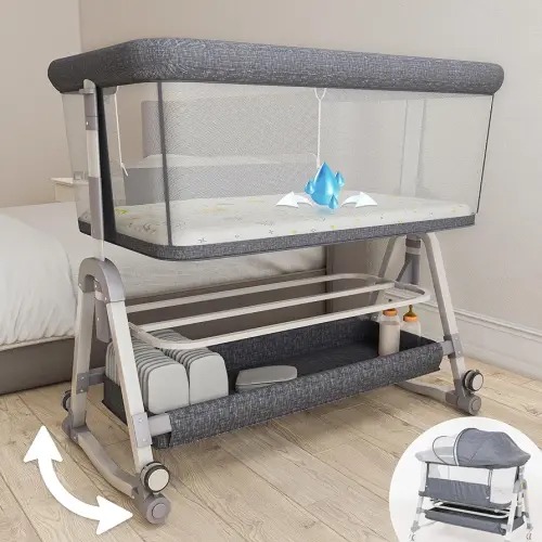 Earth&ME Baby Bassinet Bedside Sleeper with Rocking - All Mesh Portable Bedside Crib for Safe Co-Sleeping, Storage Basket and Wheels, Adjustable Height, Includes Travel Bag, Mosquito Net