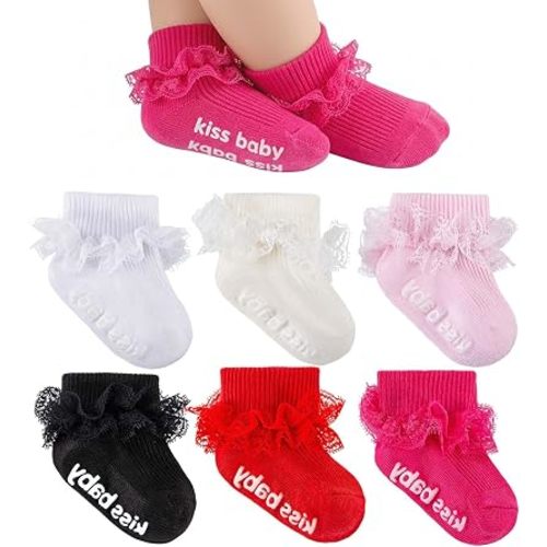 Baby Girl Ruffle Socks with Grips Turn Cuff Ankle Lace Frilly Dress Socks for Newborn/Infant/Toddler/Little Kids