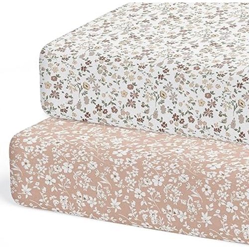 Crib Sheets Neutral - Fitted Baby Crib Sheets Bed for Girl Boy - 2 Pack Standard & Toddler Mattress (Fleurette) - Buttery Soft Organic Cotton Blend