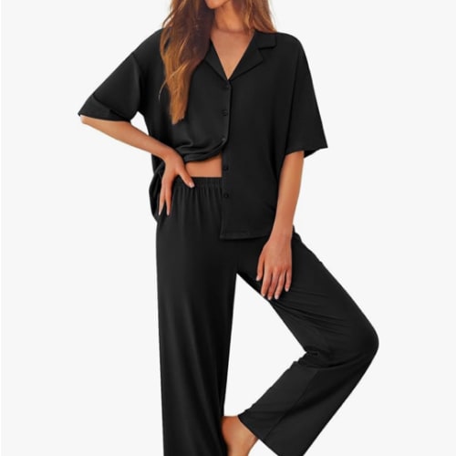 Ekouaer Women Pajamas Set Button Down Sleepwear Short Sleeve Pjs Soft Comfy Nightwear with Long Pants S-XXL