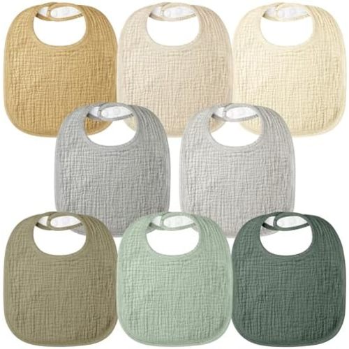 Bearmoss Muslin Baby Drooling Bibs 8 Pack, 100% Cotton Square Adjustable Bandana Bibs Gift for Baby Girls Boys Teething Drool