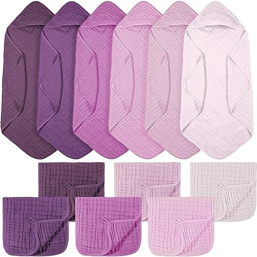 VitalCozy 12 Pcs Baby Muslin Hooded Bath Towels and Washcloths, 32 x 32 Inch Muslin Cotton Hooded Baby Towels Absorbent Hooded Blankets for Gift Newborn Infant Shower (Purple Series)