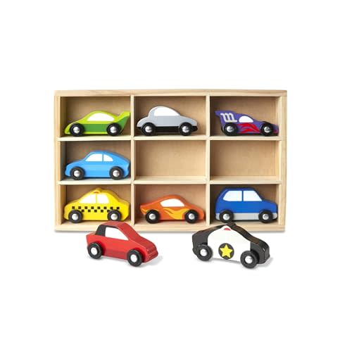 Melissa & Doug Wooden Cars Vehicle Set in Wooden Tray - 9 Pieces Toy Cars, Vehicle Toys For Toddlers And Kids Ages 3+