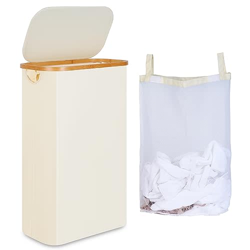 iEGrow Slim Laundry Hamper, Narrow Laundry Basket with Lid,Foldable Clothes Hamper with Bamboo Handles,Hamper Basket with Removable Inner Bag for Laundry Room Bedroom College Dorm,60L Beige