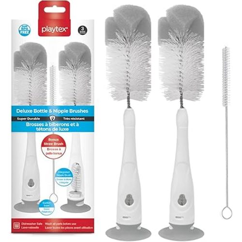 Playtex Baby Deluxe Bottle & Nipple Brushes – 3 Piece Baby Bottle Cleaning Brush with Sponge Tip, Suction Base & Straw Brush – BPA Free and Dishwasher Safe