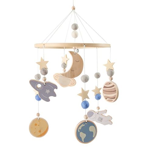Space Nursery Mobile - Crib Mobile for Babies - Wooden Baby Mobile -Solar System Crib Mobile Astronaut Space Theme Nursery Bed Decoration,Gift for Newborn (Blue Space)