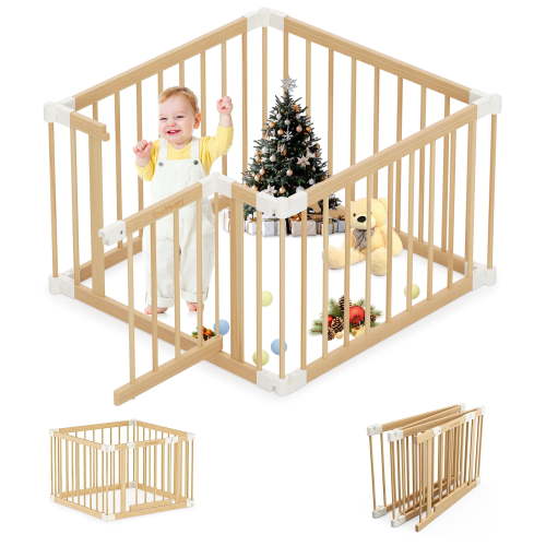 TouHeart Foldable Wooden Playpen for Baby & Toddlers, Large Baby Play Yards with Gate, 4 Panels, 34.3" x 34.3"