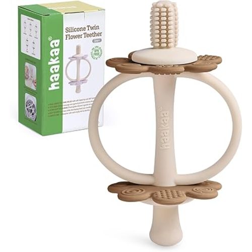 haakaa Silicone Baby Teether Toys,Nipple-Shaped End for Gum Massage,360° Baby Toothbrush Head for Self-Brushing Training,Easy to Grip-Cocoa
