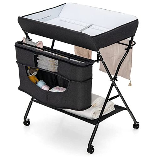 Costzon Baby Changing Table, Adjustable Height Portable Diaper Station w/Lockable Wheels, Safety Belt, Large Storage Rack & Bag, Folding Nursery Station for Infant Newborn (Black) - 31.5x27x40 Inch (Pack of 1)