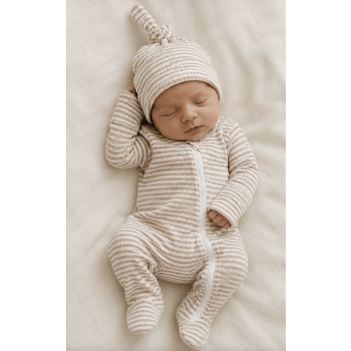 Tan Stripe / Ribbed 2-Way Zip Footie