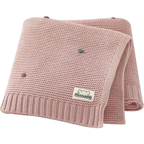mimixiong Cotton Baby Blanket Gender Neutral Nursery Swaddling Blanket for Shower Gift Registry for Baby with Cute Pompoms Rose Pink