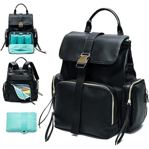MOMINSIDE Diaper Bag Backpack with 14 Pockets, Leather Baby Bag, Large Capacity, Baby Registry, 4 Insulated Pockets, Wet Dry Bag, Changing Pad, Stroller Straps (Black)