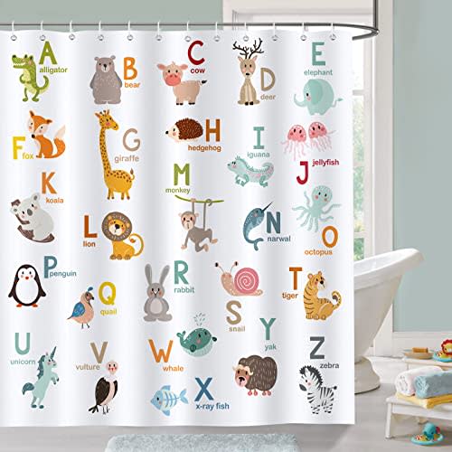 Bonhause Kids ABC Shower Curtain, Cute Alphabet Animal Educational Bathroom Decor for Toddler Boys Girls 72 x 72 Inch Polyester Fabric Waterproof Bath Curtain with 12 Hooks