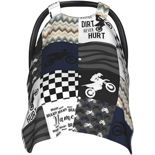 Personalized Dirt Bike Baby Car Seat Canopy for Babies with Name, Custom Motocross Car Seat Covers for Boys Girls, Peekaboo Opening Minky Nursing Cover Infant Car Seat Canopies for Newborn