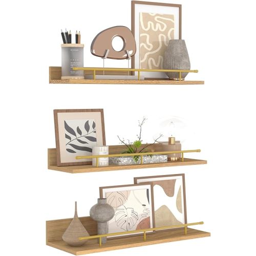 EYMPEU Floating Shelves Wall Mounted Natural Oak Wood Set of 3 with Gold Guardrail