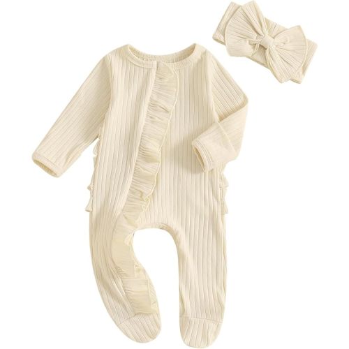 Newborn Baby Girl Fall Winter Outfits Clothes Knit Jumpsuit Ruffle Romper Newborn Coming Home Outfit for Baby Girl