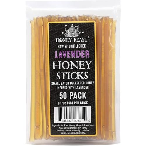 HONEY FEAST Organic Lavender Infused Honey Sticks - 50 PACK - Small Batch Beekeeper Honey