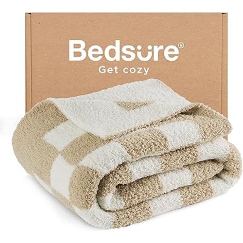 Bedsure Checkered Throw Blanket for Couch - Super Soft, Cozy & Warm Knit Blanket, Breathable, Lightweight & Fluffy for Bed & Sofa, Checkered Beige, 60x80 Inches