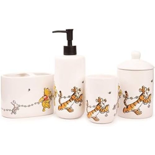 Disney Winnie The Pooh Bathroom Accessories Set | Ceramic Home Accessories | Soap Pump Tooth Brush Holder Cotton Jar Tumbler | Housewarming Gifts | Set of 4 | Official Disney Licensee