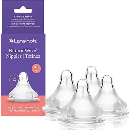 Lansinoh NaturalWave Baby Bottle Nipples – 100% Soft, Durable Silicone, Made Without BPA BPS, Anti-Colic, Supports Baby’s Developing Mouth and Teeth, Slow Flow, Size S, 4 Count, 1+ Month